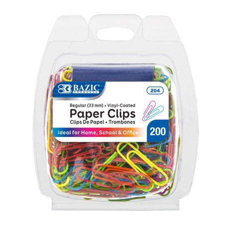 2 Pk, Bazic Vinyl-Coated #1 Regular Assorted Paper Clips, 33mm, 200 Per Pack