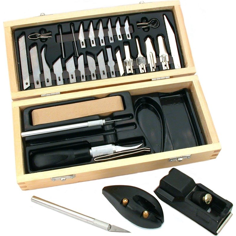 38pc Hobby cutting blade set 3 All-metal Handles 18 Assorted Blades  in Wooden Box