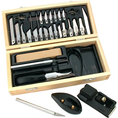 38pc Hobby cutting blade set 3 All-metal Handles 18 Assorted Blades  in Wooden Box