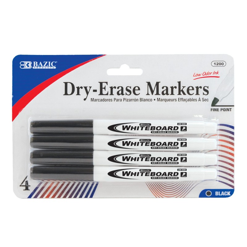 BAZIC Black Fine Tip Dry-Erase Marker, 4 Per Pack