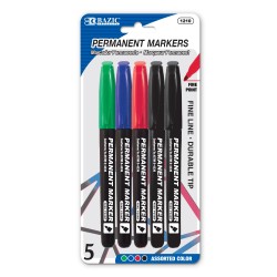 BAZIC Asst. Color Fine Tip Permanent Markers w/Pocket Clip (5/Pack)