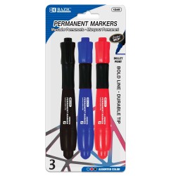 BAZIC Products B Asst. Color Bullet Tip Jumbo Permanent Marker w/Grip (3/Pk), Black/Red/Blue