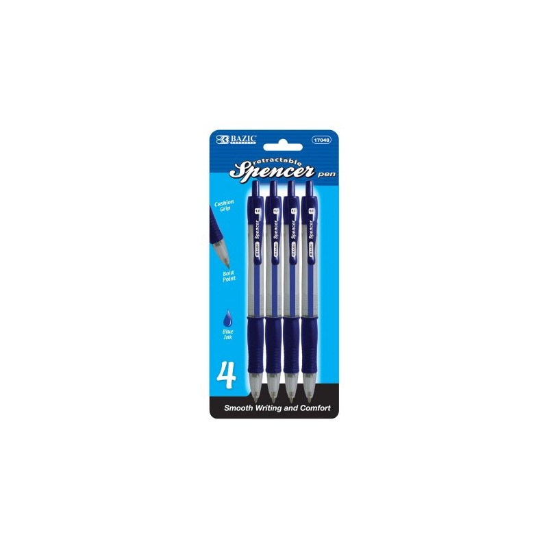 BAZIC Spencer Blue Retractable Pen w/ Cushion Grip (4/Pack) (17048)