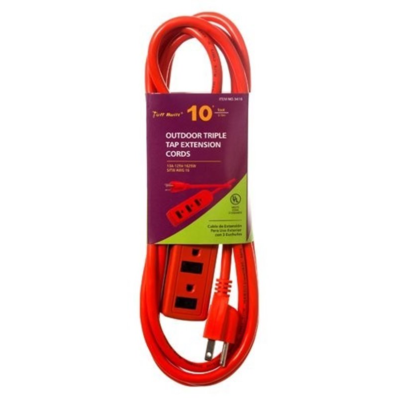 ELECTRIC EXTENSION CORD 10FT UL OUTDOOR W/3 OUTLETS & 16 GUAGE CABLE