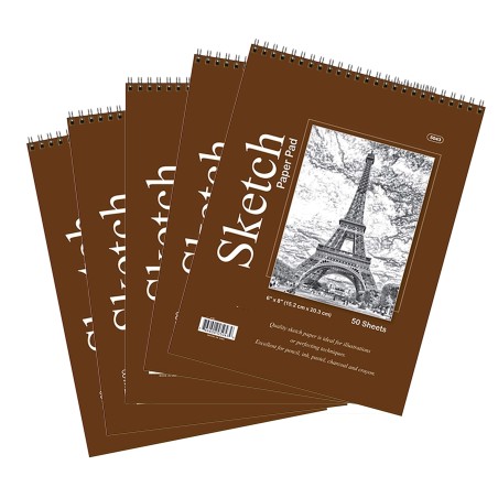 HnF Shop 5 Pcs 50 Sheets 6" X 8" Top Bound Spiral Premium Quality Sketch Book Paper Pad