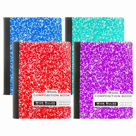 100 wide-ruled sheets (200 pages), Assorted Marble composition notebook, sewn binding, 9.75 x 7.5 in
