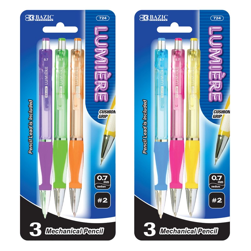 BAZIC 724 Lumiere 0.7 mm Mechanical Pencil w/Grip (3/Pack)
