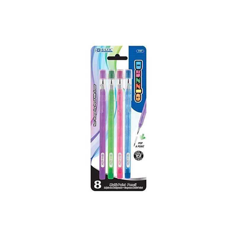Stacked-tip no-sharpen pencils, dazzle designs, school, tests, notes, pop-a-point system
