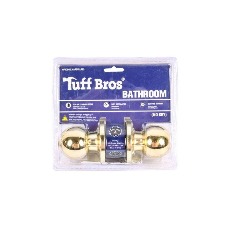 Tuff Bros Bathroom Door Knob, Polished Brass, Keyless Entry Privacy Lock for Interior Doors