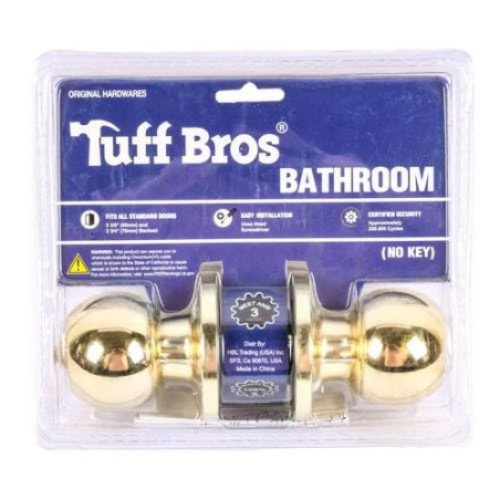 Tuff Bros Bathroom Door Knob, Polished Brass, Keyless Entry Privacy Lock for Interior Doors
