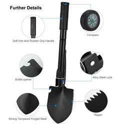 Foldable Military Shovel Mini Portable Emergence Survival Compass Spade Entrenching Tool w/ Nylon Pouch