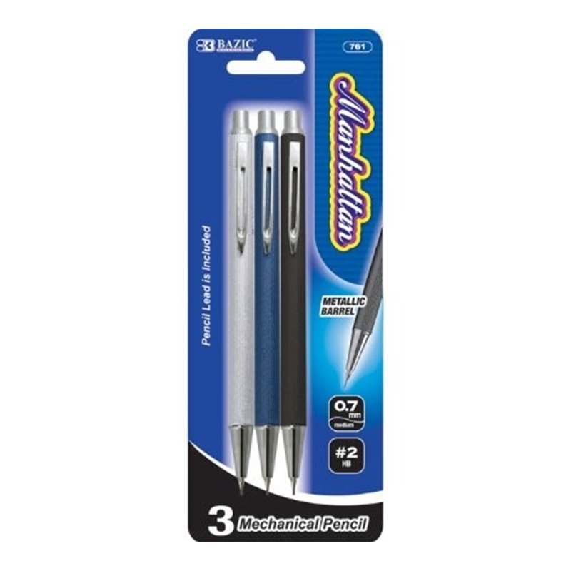 BAZIC Manhattan 0.7mm Assorted Color Metal Mechanical Pencil (3/Pack)