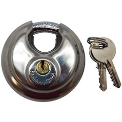 Stainless Steel Hardened Round Discus Keyed Padlock 2-3/4" with 2 Keys Included.