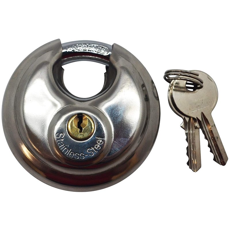 Stainless Steel Hardened Round Discus Keyed Padlock 2-3/4" with 2 Keys Included.