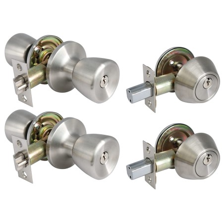 4/PK Keyed Entry Door Knob and Single Cylinder Deadbolt Set With Alike Keyes