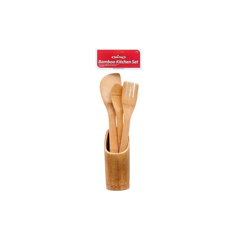 4PC Natural Bamboo Wooden Kitchen Tools Utensils Spoon Fork Cooking Set w/Holder